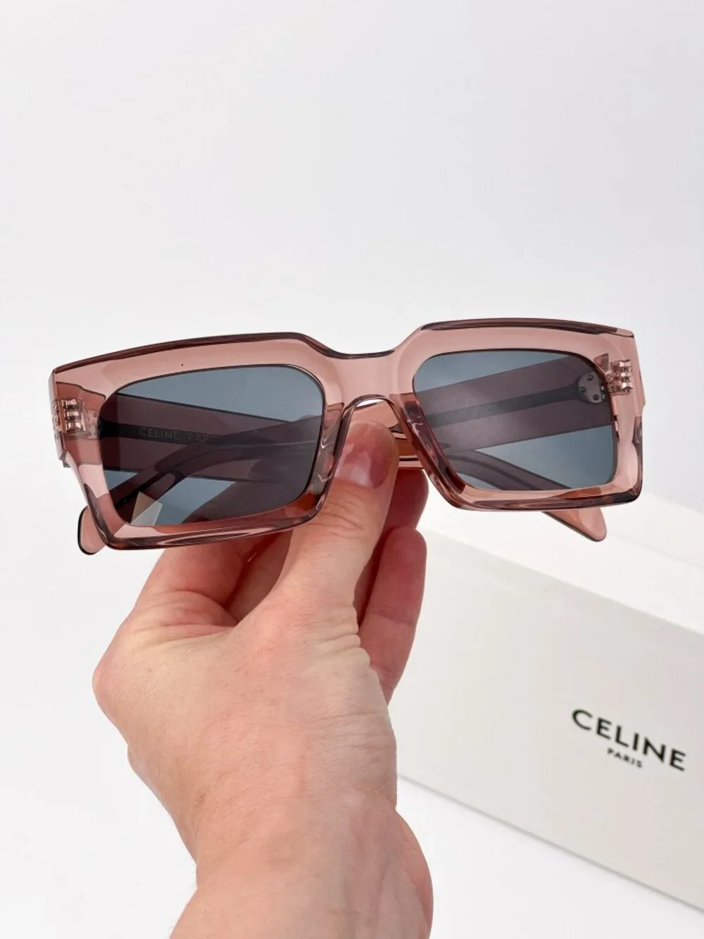 Celine CL40280U 74V “3 Dots” Rectangle Sunglasses – Dusty Pink Crystal / Blue